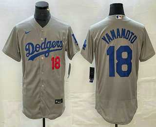 Men%27s Los Angeles Dodgers #18 Yoshinobu Yamamoto Number Gray Stitched Flex Base Nike Jersey->los angeles dodgers->MLB Jersey